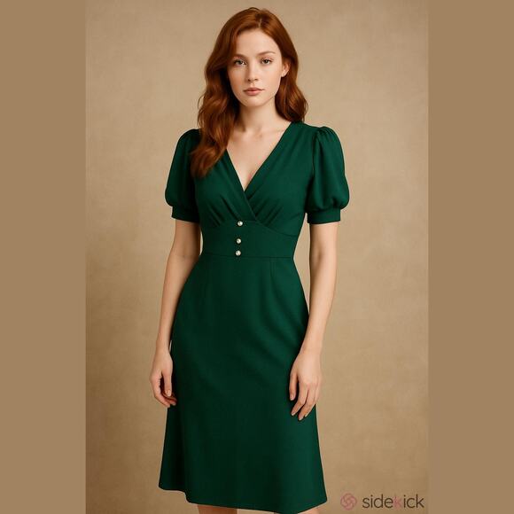 Christmas Retro glam emerald green dress pleated faux pearl SZ Small puff - Picture 1 of 6